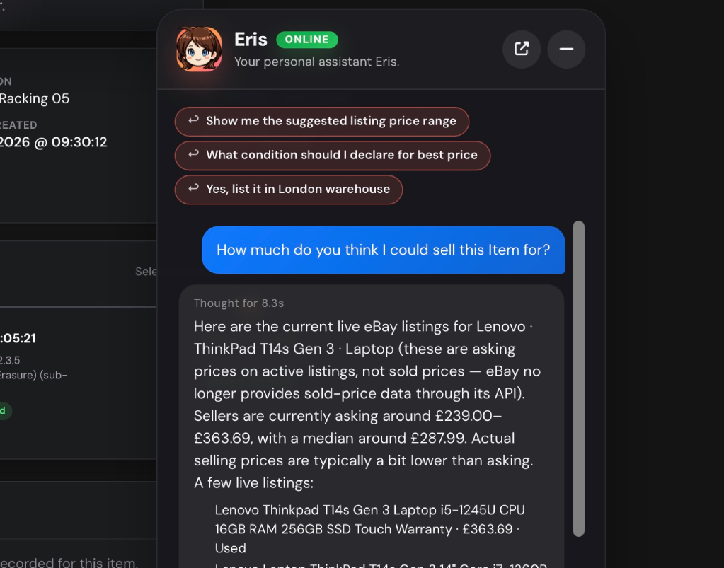 Eris chat inside Retsu Portal showing assisted resale-price guidance